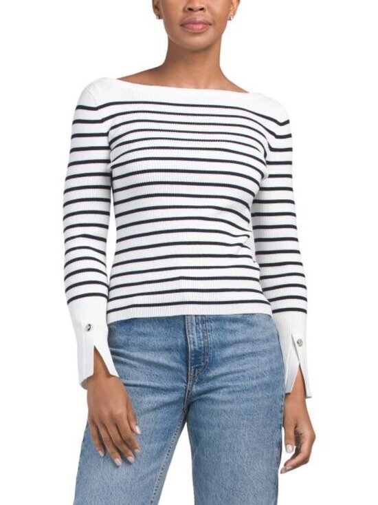 Elie Tahari Tops - ELIE TAHARI Boat Neck Ribbed Long Sleeve Top With Buttoned Cuff Slits